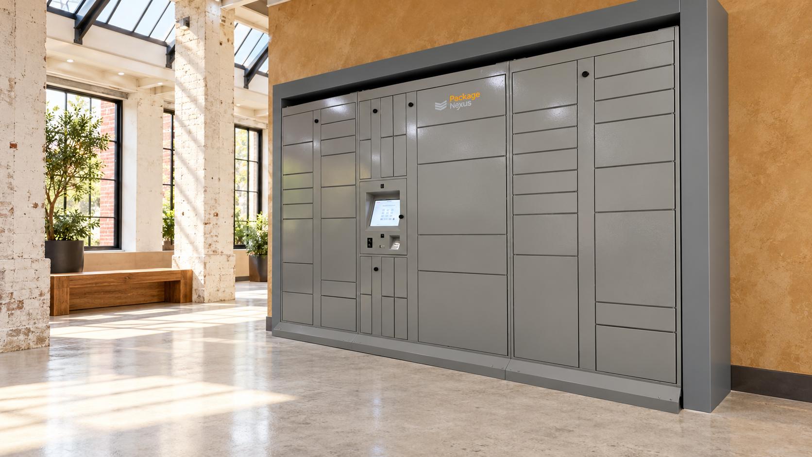 Gray Package Nexus locker bank with a touchscreen in a bright converted-mill apartment parcel hub | Package Nexus