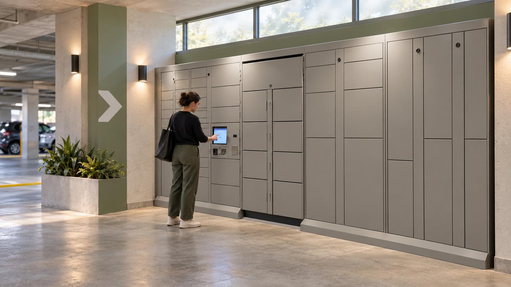 Concept image of a resident using gray Package Nexus style parcel lockers in a sheltered apartment parking-level alcove | Package Nexus