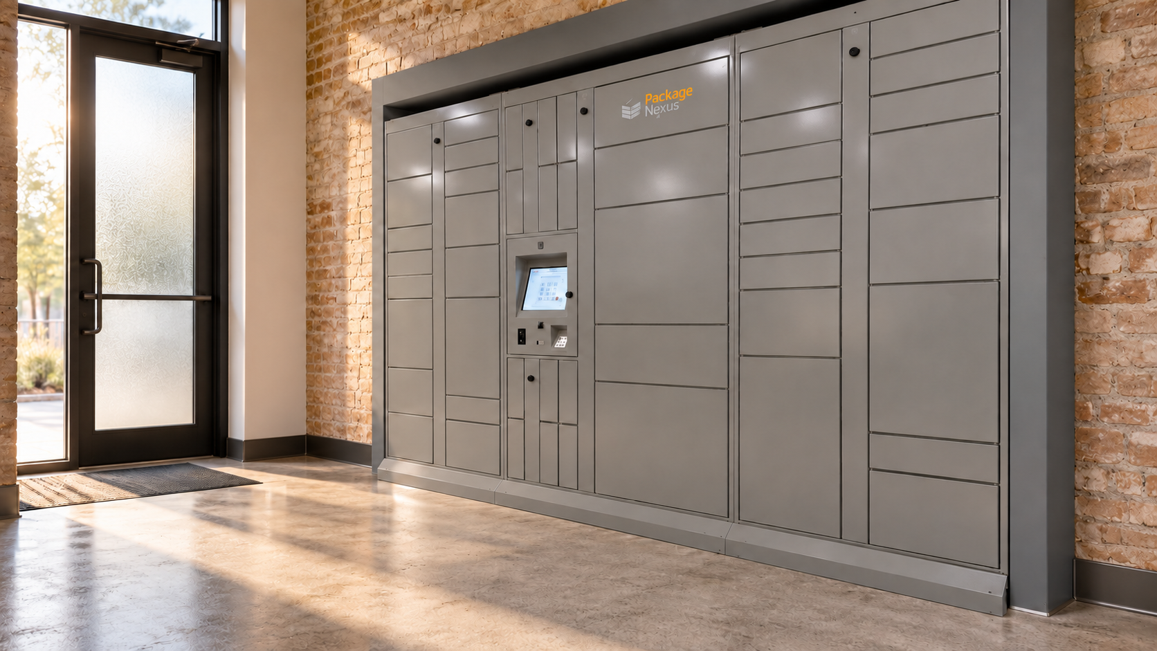 AI-generated illustration of gray Package Nexus parcel lockers with an integrated touchscreen beside a glass delivery door in a brick-walled apartment vestibule | Package Nexus