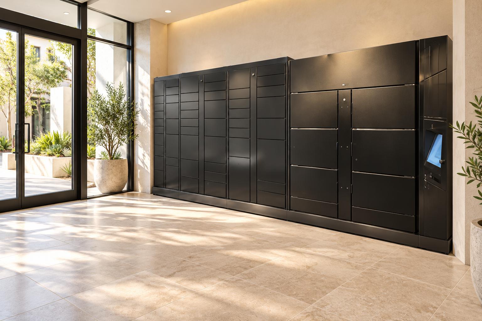 Architectural concept of dark Package Nexus-style parcel lockers with mixed compartment sizes and a touchscreen in a sunlit condo vestibule | Package Nexus