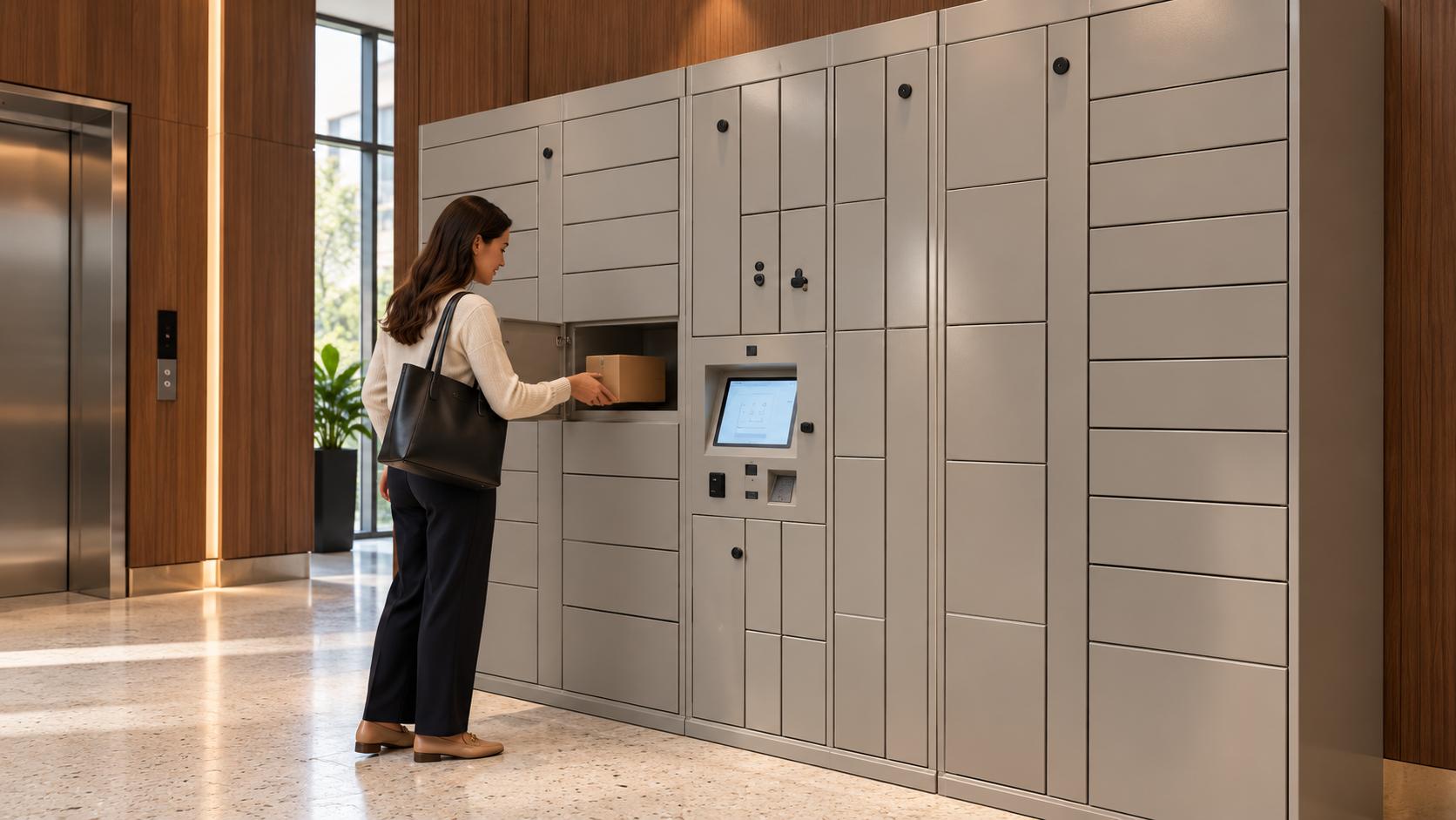 Concept illustration of a resident retrieving a parcel from modular lockers beside a condominium elevator lobby | Package Nexus