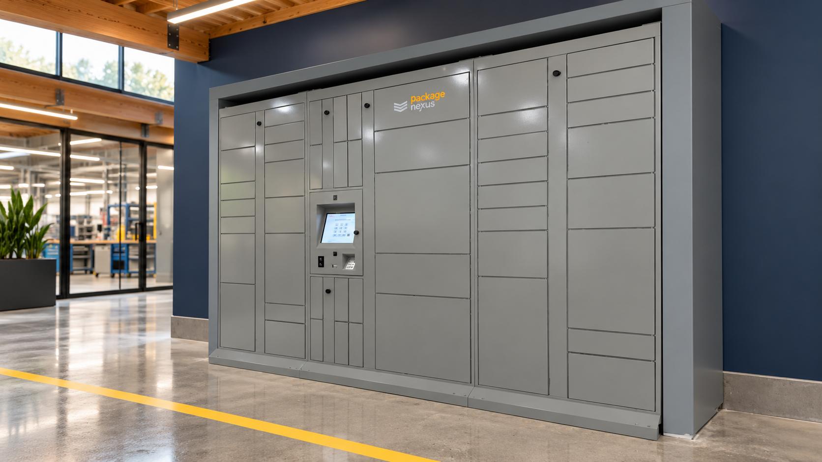 Gray Package Nexus smart parcel lockers with a touchscreen kiosk in a corporate employee pickup area | Package Nexus