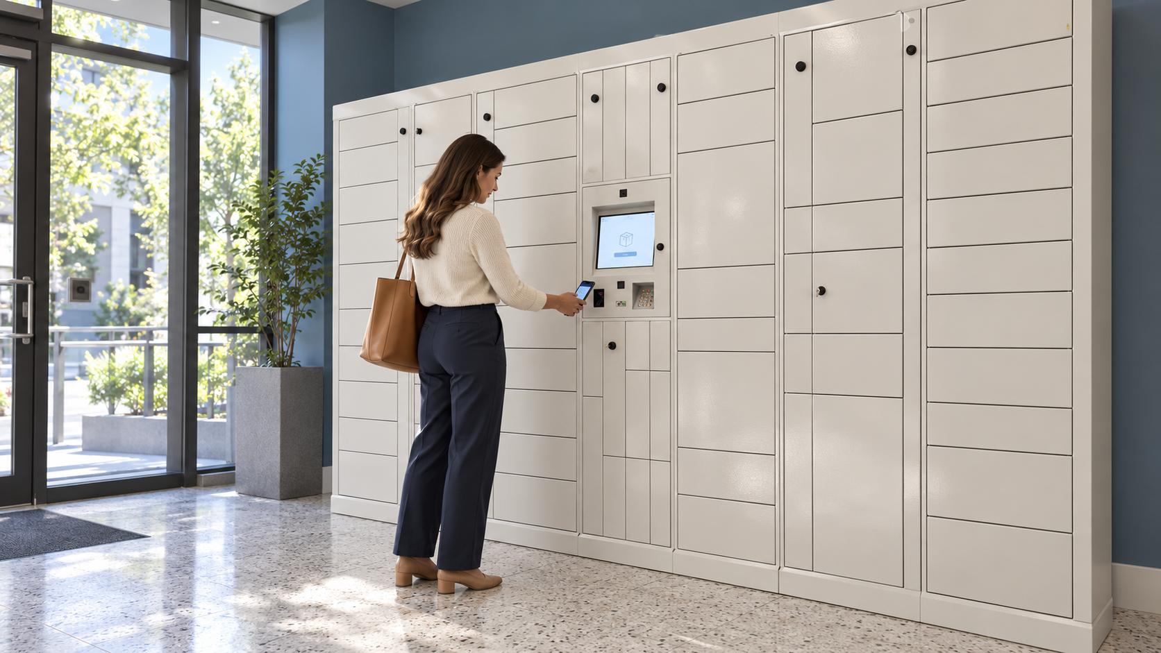 Concept illustration of a resident scanning a phone at oyster-white indoor parcel lockers in a bright apartment vestibule | Package Nexus