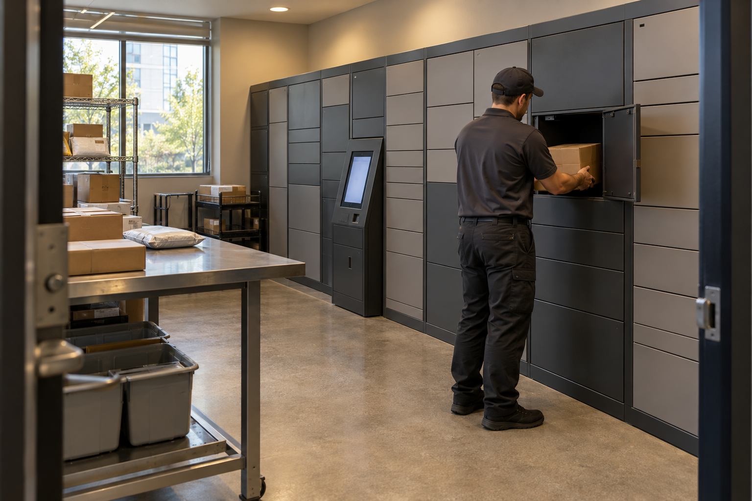 Delivery carrier placing a parcel into an indoor electronic smart locker in a multifamily apartment package locker. | Package Nexus