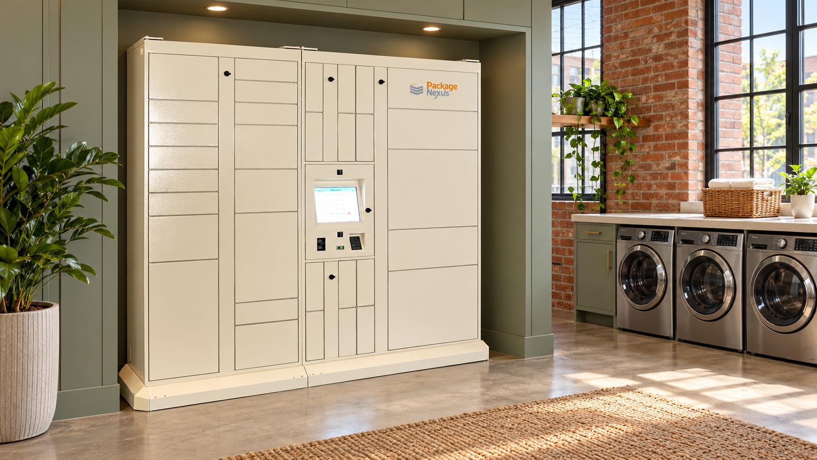 Cream Package Nexus modular lockers in an illustrated brick apartment laundry lounge with a clear pickup aisle | Package Nexus
