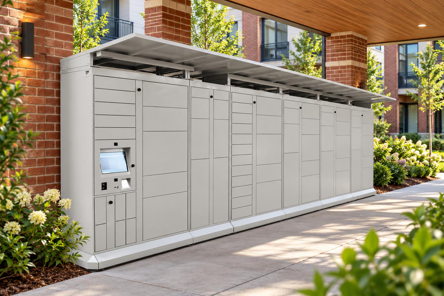 Oyster-white modular parcel lockers beside a covered brick courtyard walkway; illustrative expansion concept | Package Nexus