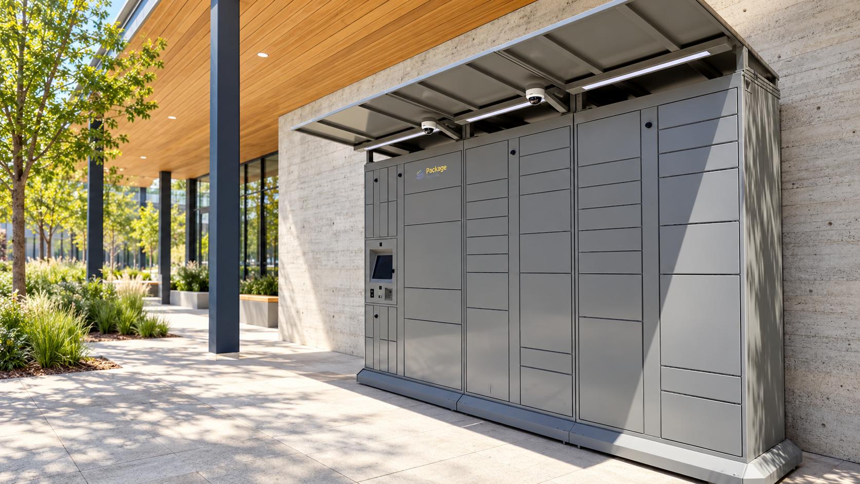 Gray Package Nexus parcel lockers with an attached canopy along a landscaped covered campus walkway | Package Nexus