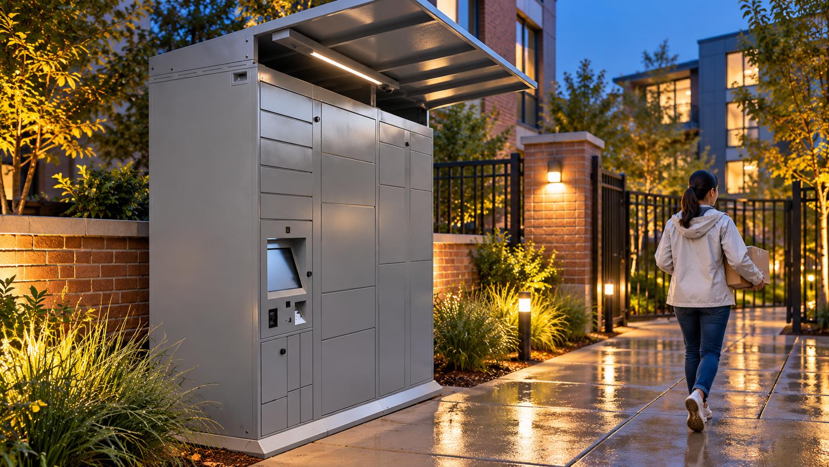 Concept image of gray Package Nexus lockers under a canopy beside a lit apartment gate, with a resident carrying a parcel after rain | Package Nexus