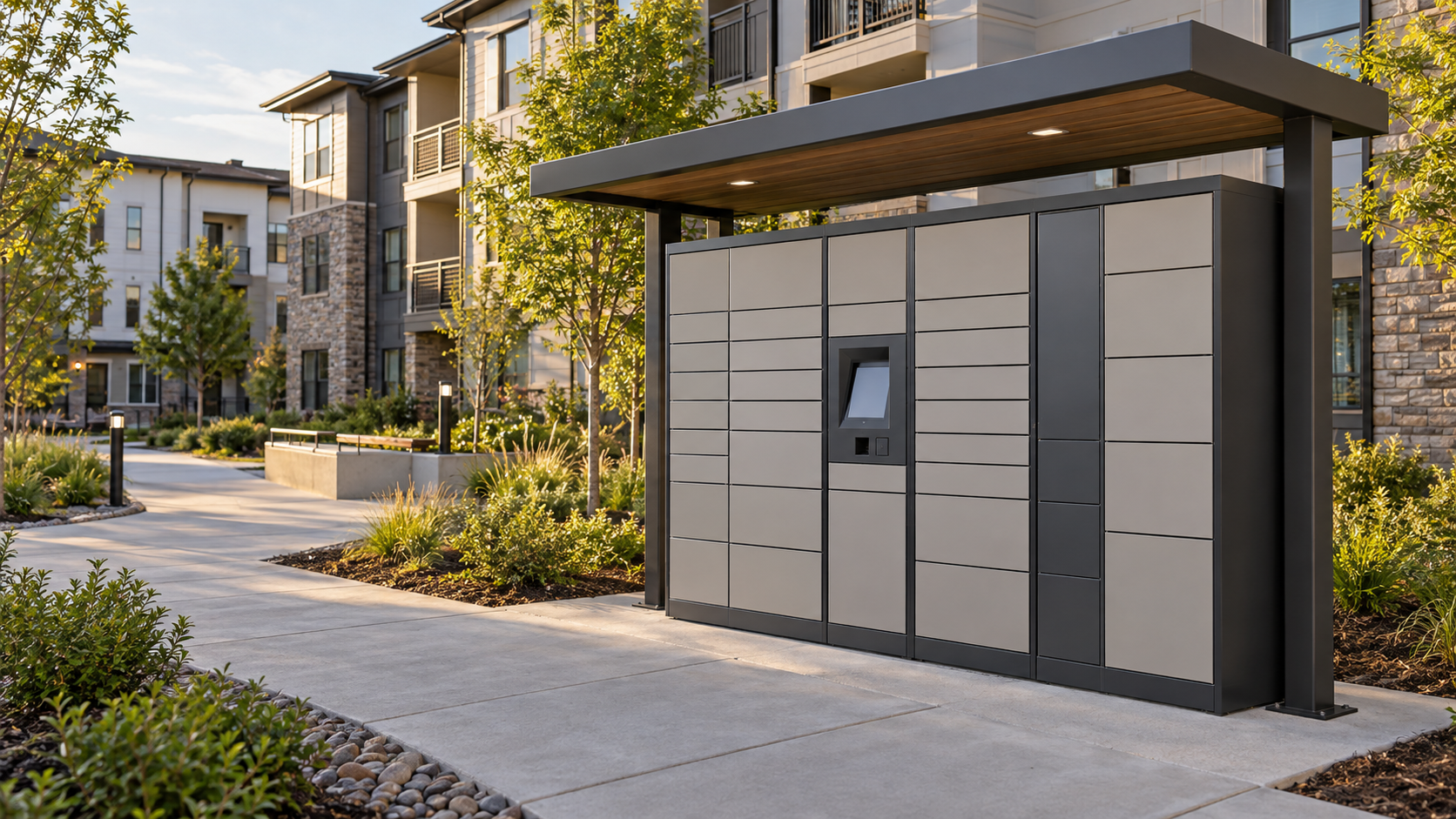 Outdoor package locker bank with a touchscreen kiosk beside an apartment courtyard walkway | Package Nexus