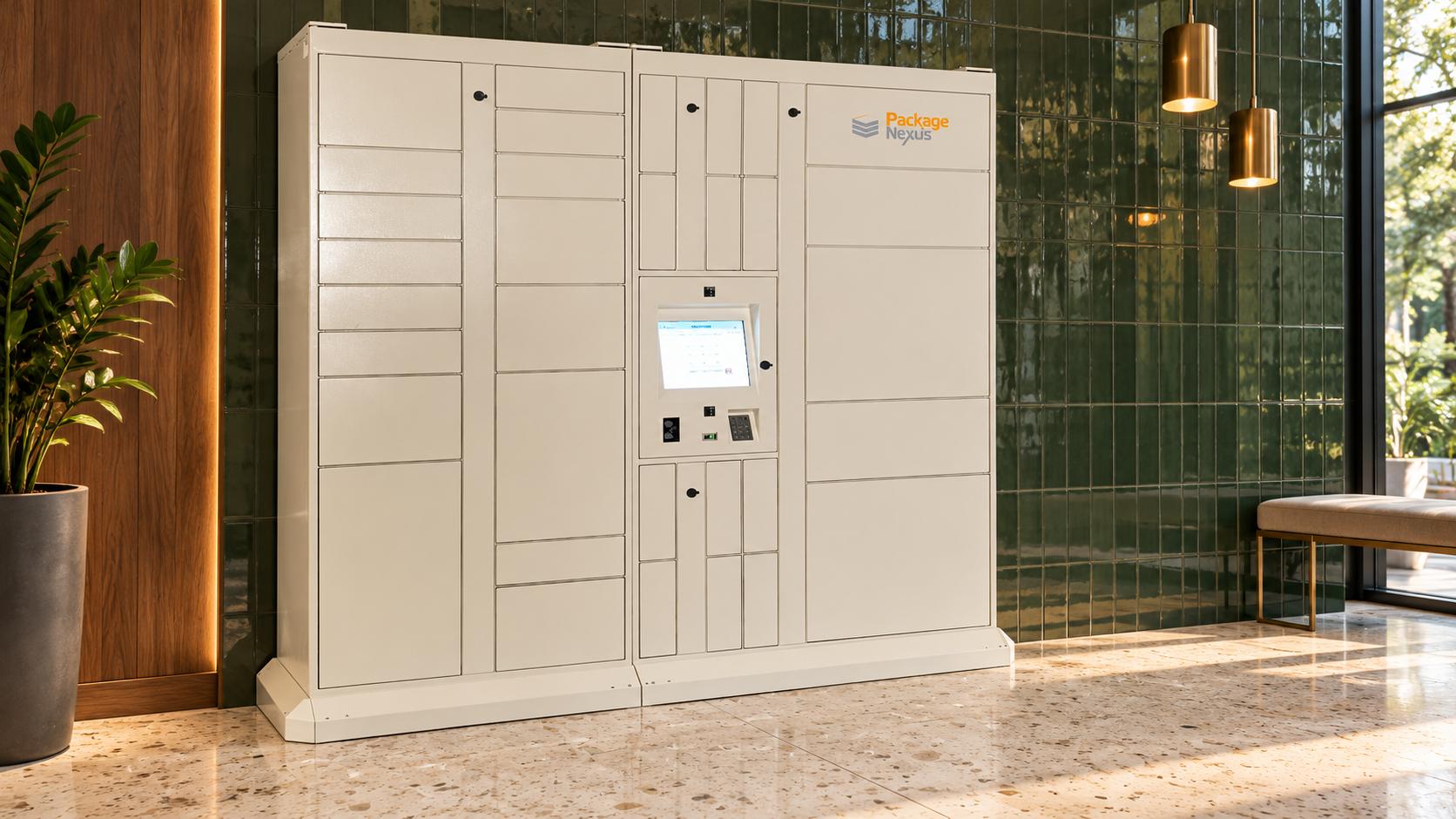 Oyster-white Package Nexus lockers with mixed compartment sizes and a touchscreen beside a green tile wall | Package Nexus
