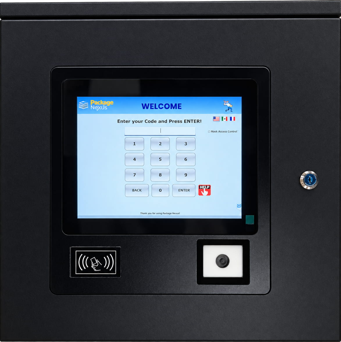 Package Nexus touchscreen interface displaying a numeric access-code entry screen for self-service pickup. | Package Nexus