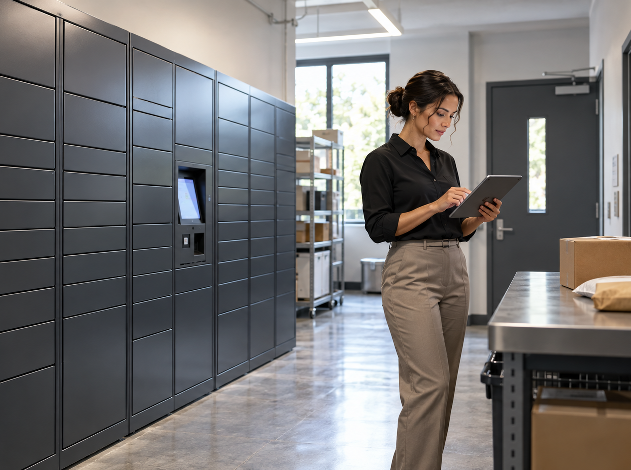 Property manager reviews package activity on a tablet beside electronic parcel lockers in a multifamily service area. | Package Nexus