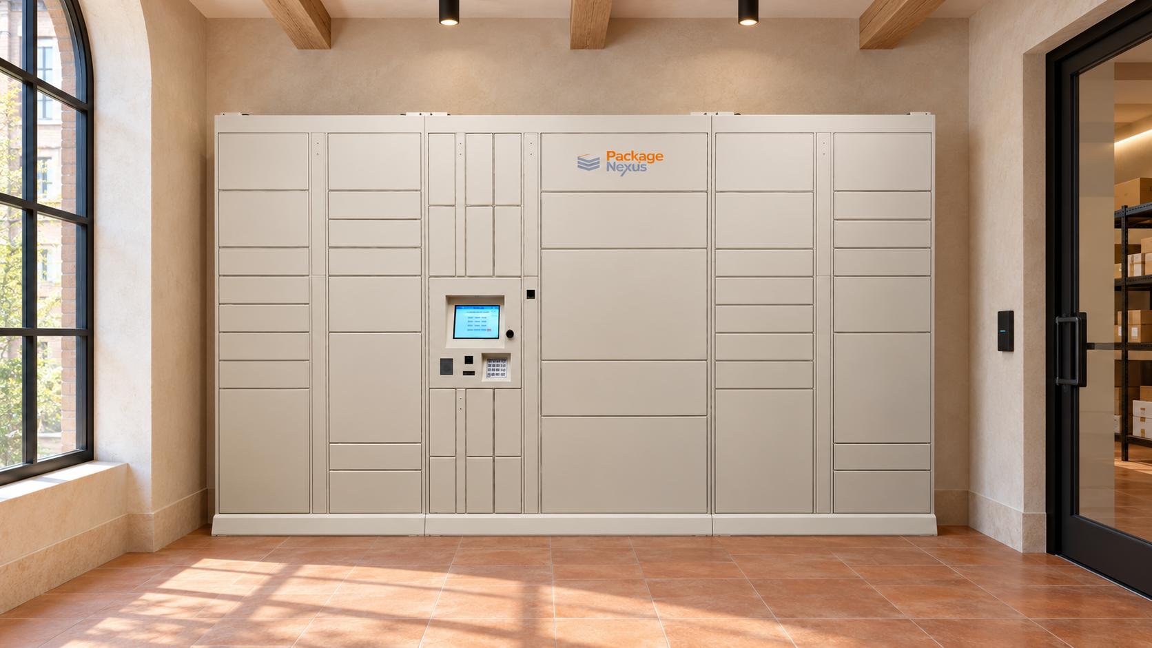 Concept image of oyster-white Package Nexus smart lockers beside a package room in a sunlit rental building parcel suite | Package Nexus