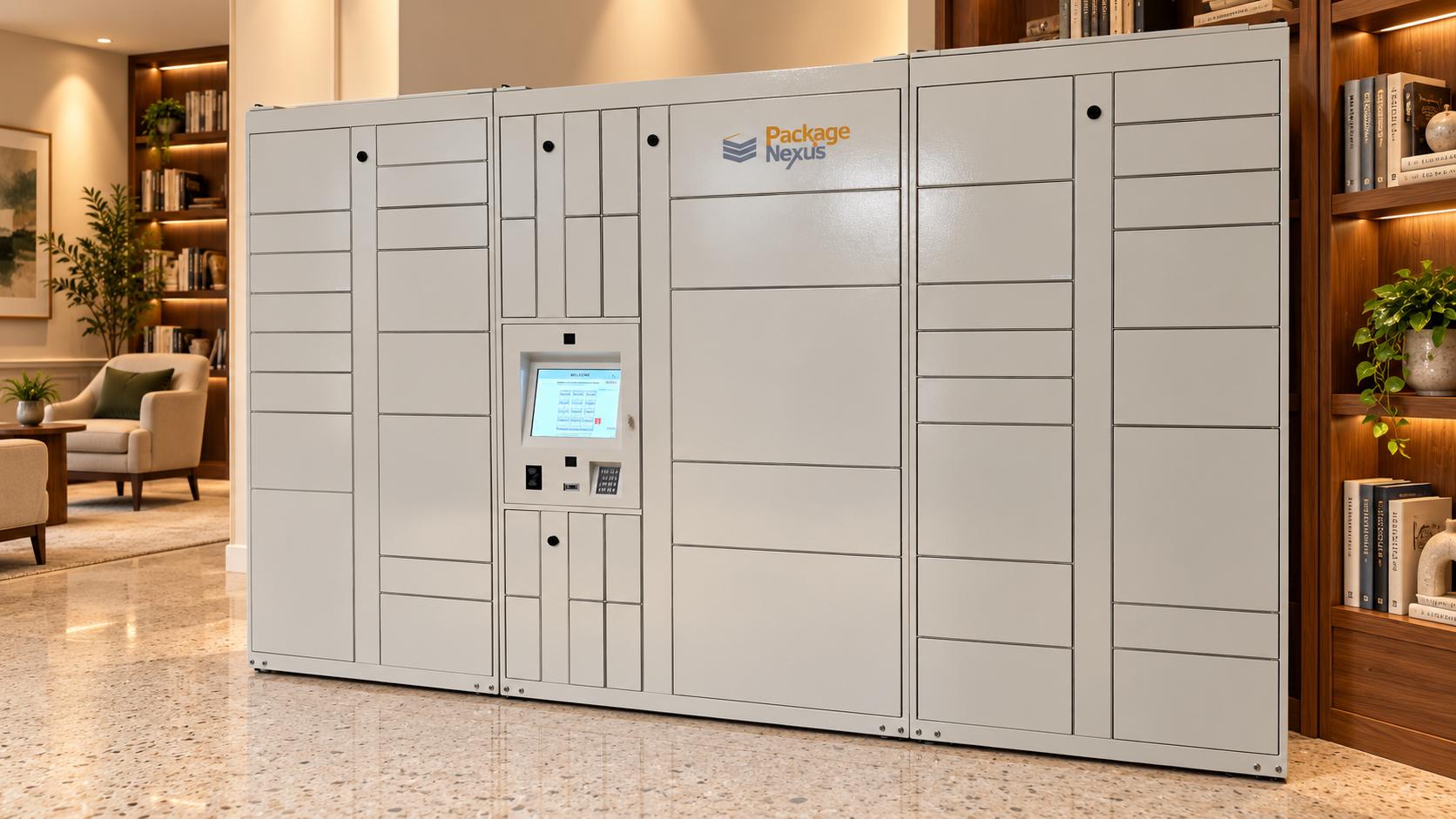 Package Nexus smart parcel lockers in a resident reading library | Package Nexus