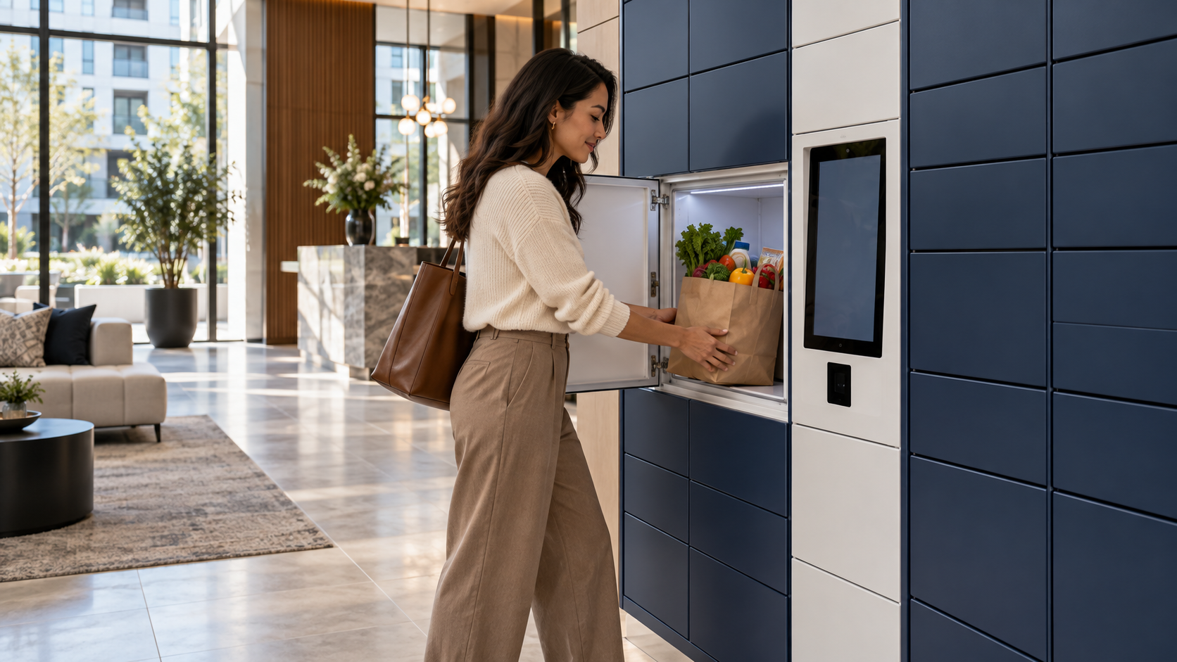 Resident Retrieves a Bag of Fresh Groceries From an Open Chilled Compartment In a Smart Locker Bank Inside an Apartment Lobby | Package Nexus