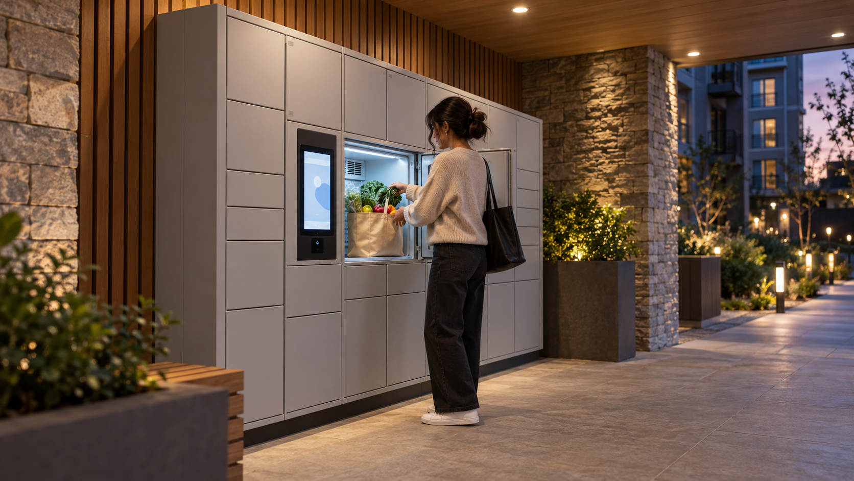 Resident collecting a grocery tote from an open refrigerated smart locker in a covered apartment pickup alcove | Package Nexus