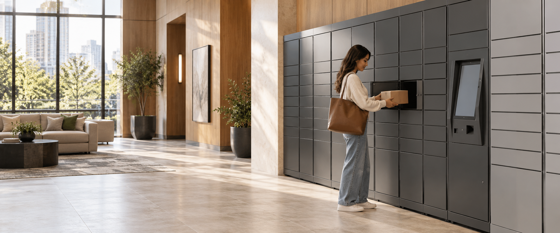 Resident retrieving a package from an indoor smart parcel locker in an apartment lobby | Package Nexus