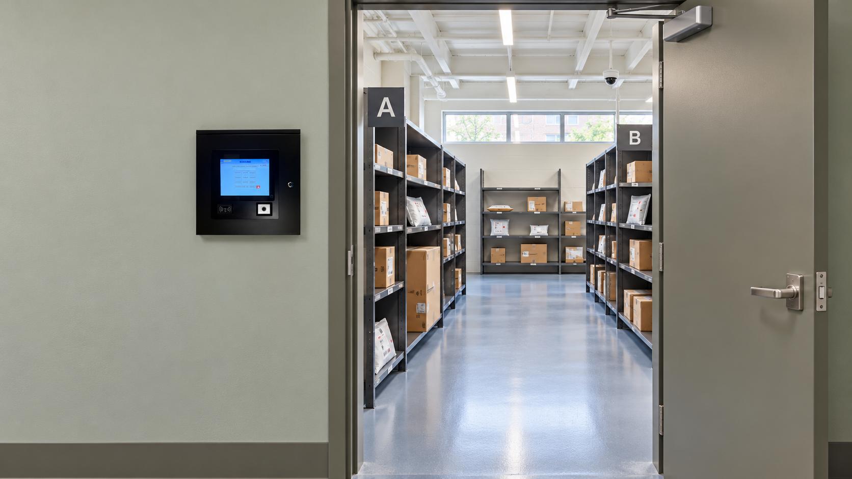 Concept view of a standalone parcel room with an exterior access computer, labeled shelving zones A and B, organized parcels, and a clear central aisle | Package Nexus