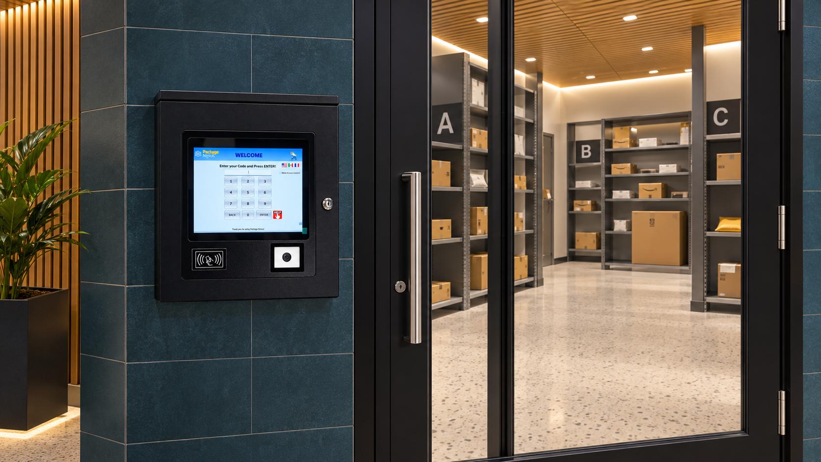 Package Nexus access terminal outside a glass package-room door, with parcels on shelves labeled A, B and C | Package Nexus