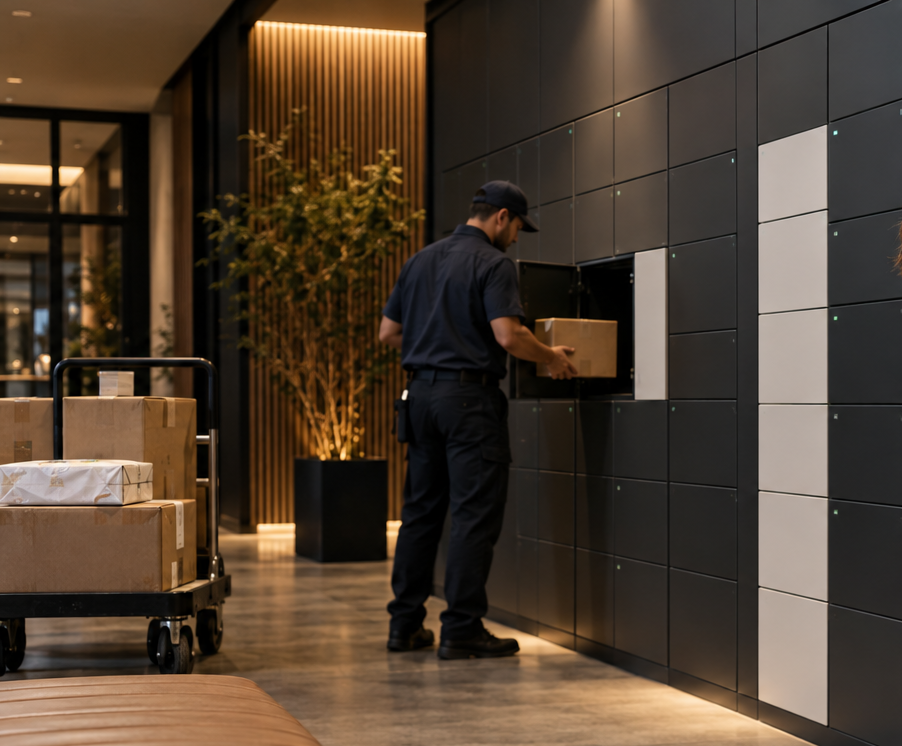 Illustrative concept image of a resident using a smart locker kiosk in a multifamily package room, with a courier placing a delivery in the background. | Package Nexus