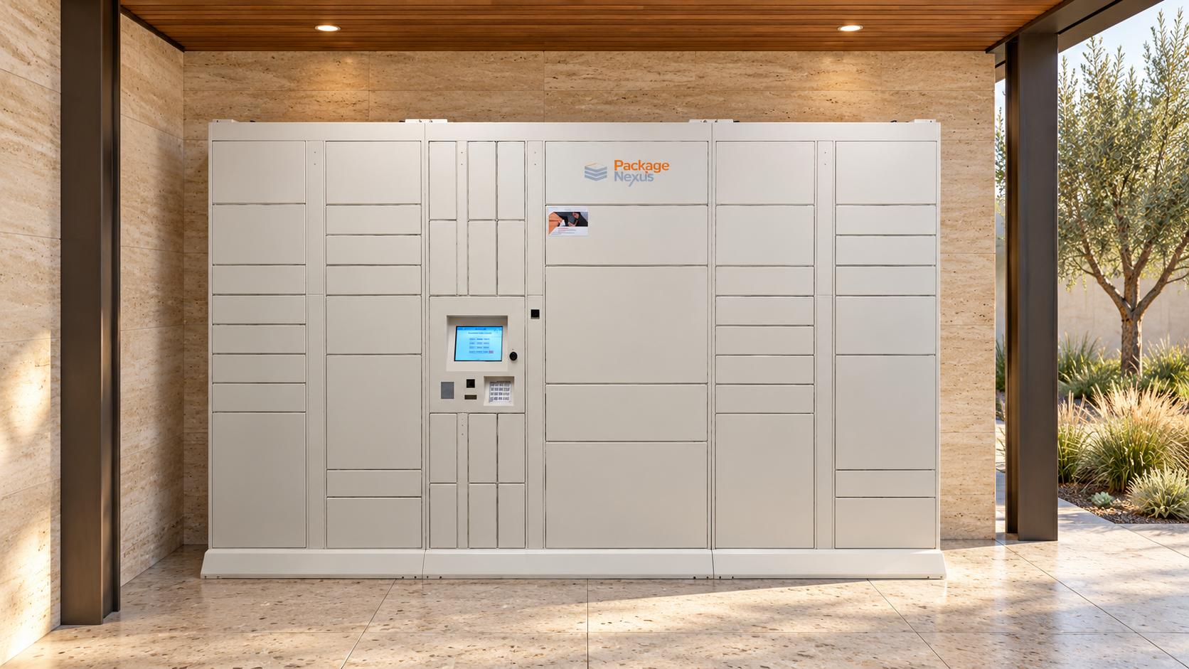 White Package Nexus parcel lockers with a touchscreen kiosk in a sheltered residential delivery pavilion | Package Nexus