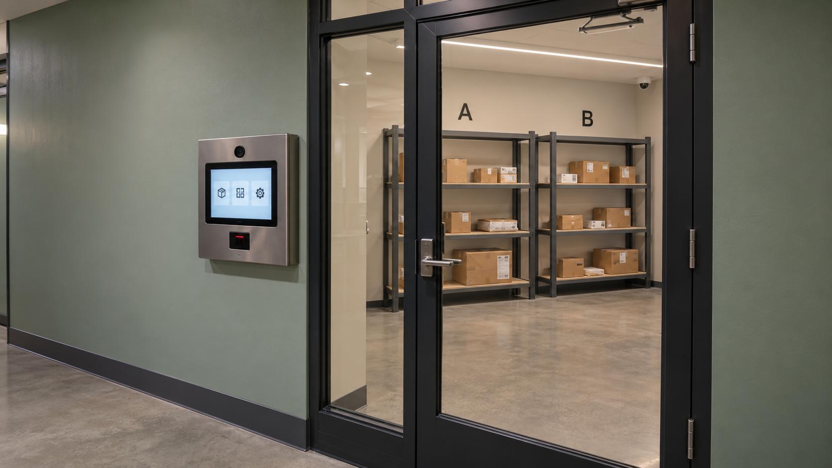 Concept illustration of an exterior access terminal beside a closed glass package-room door, with labeled A and B shelving zones inside | Package Nexus