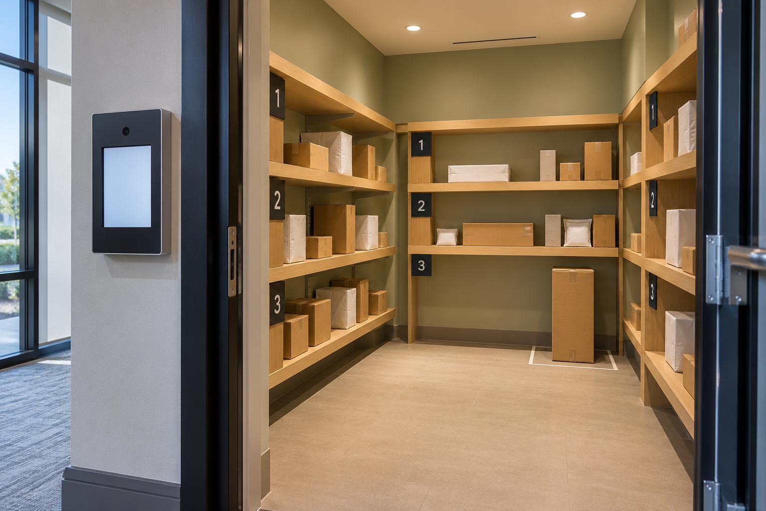 Exterior access computer beside an open package-room doorway, with parcels organized on shelves marked zones 1, 2 and 3; illustrative concept | Package Nexus