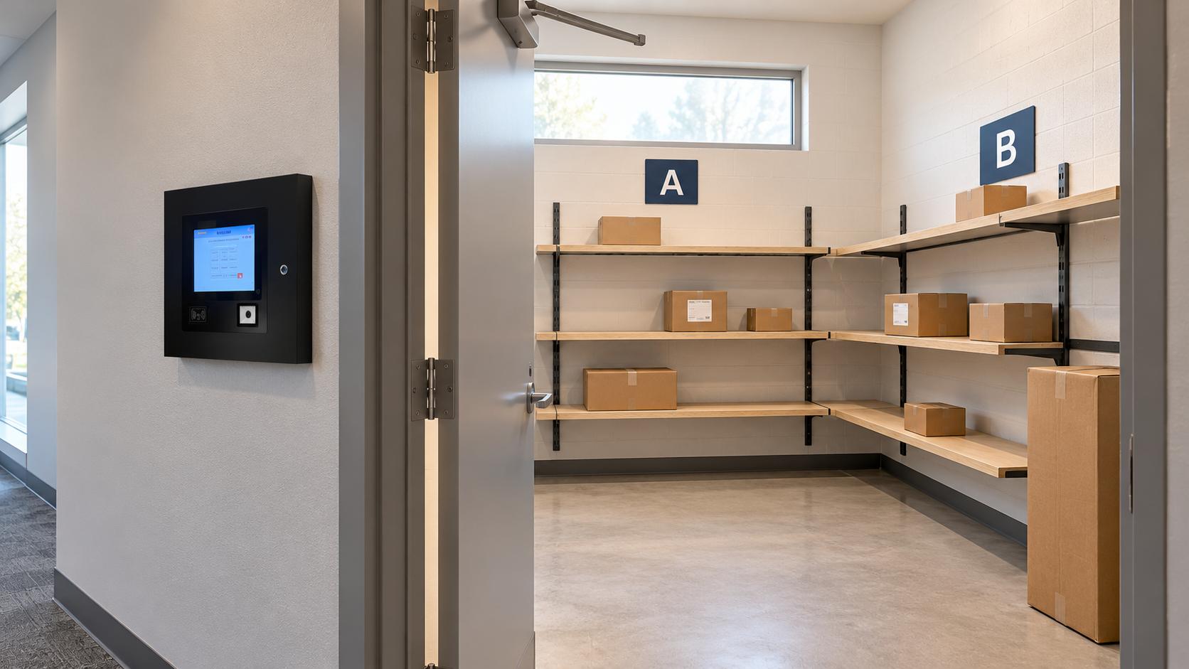 Concept view of an exterior package-room access computer beside an open doorway, with parcels arranged on shelves marked A and B | Package Nexus