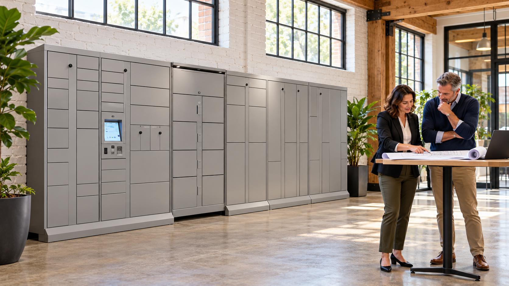 Property management professionals reviewing a floor plan beside gray Package Nexus style smart parcel lockers in a bright brick demonstration space | Package Nexus