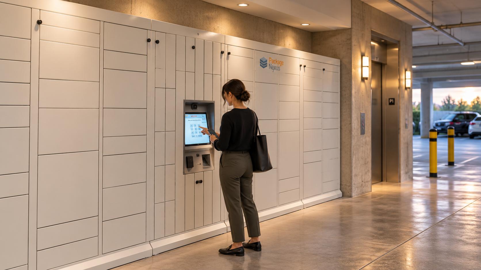Concept visualization of a resident using Package Nexus lockers beside an apartment parking-level elevator entrance | Package Nexus
