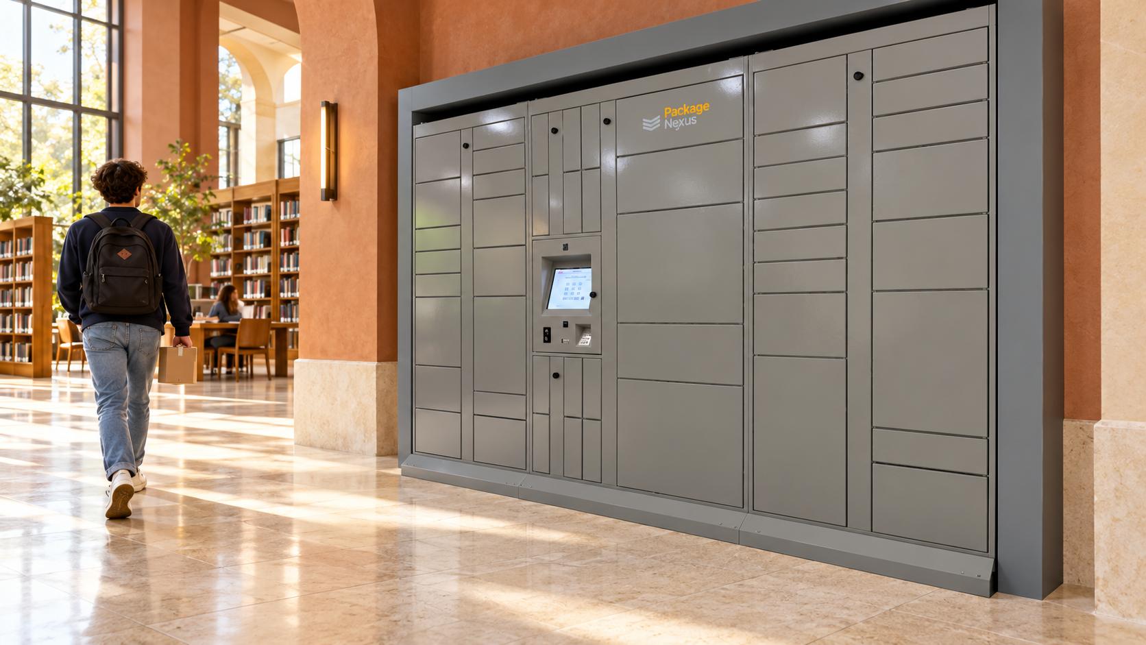 A student carrying a parcel walks away from grey Package Nexus smart lockers in a sunlit library commons | Package Nexus