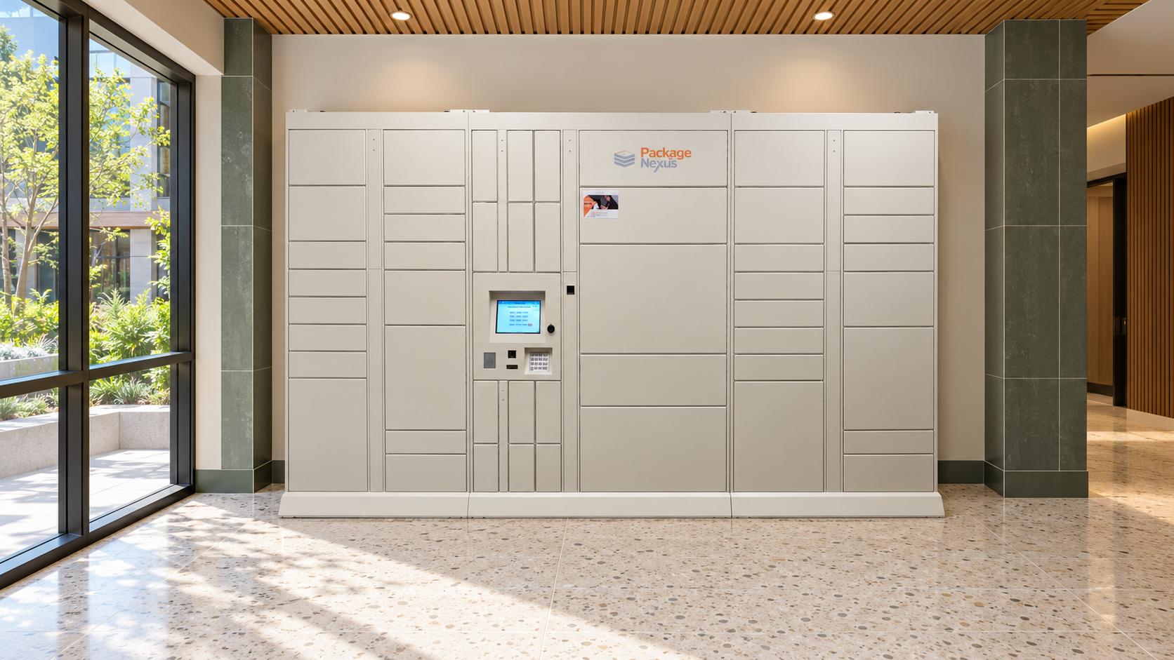 White Package Nexus smart parcel lockers beside a courtyard window in a residential amenity gallery | Package Nexus