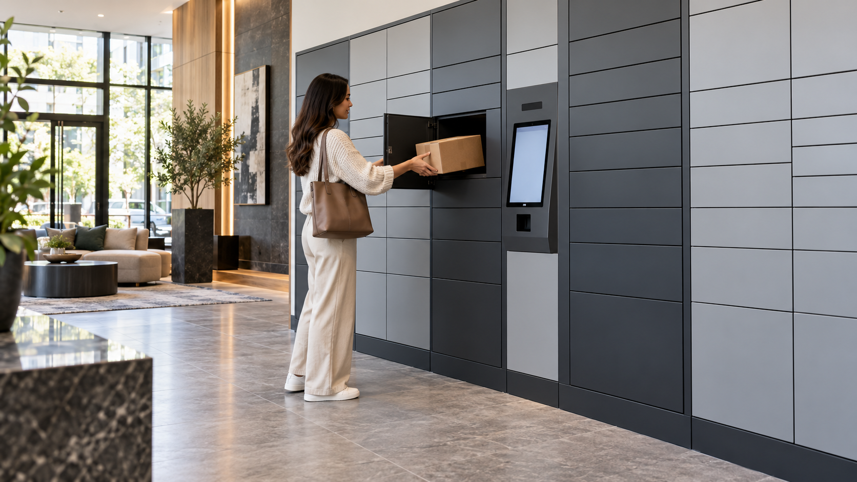 Resident Retrieving a Delivery from Electronic Parcel Lockers in a Modern Apartment Building Lobby | Package Nexus
